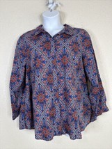 Catherines Womens Plus Size 1 Red/Blue Mosaic Button Up Shirt 3/4 Sleeve - £13.69 GBP