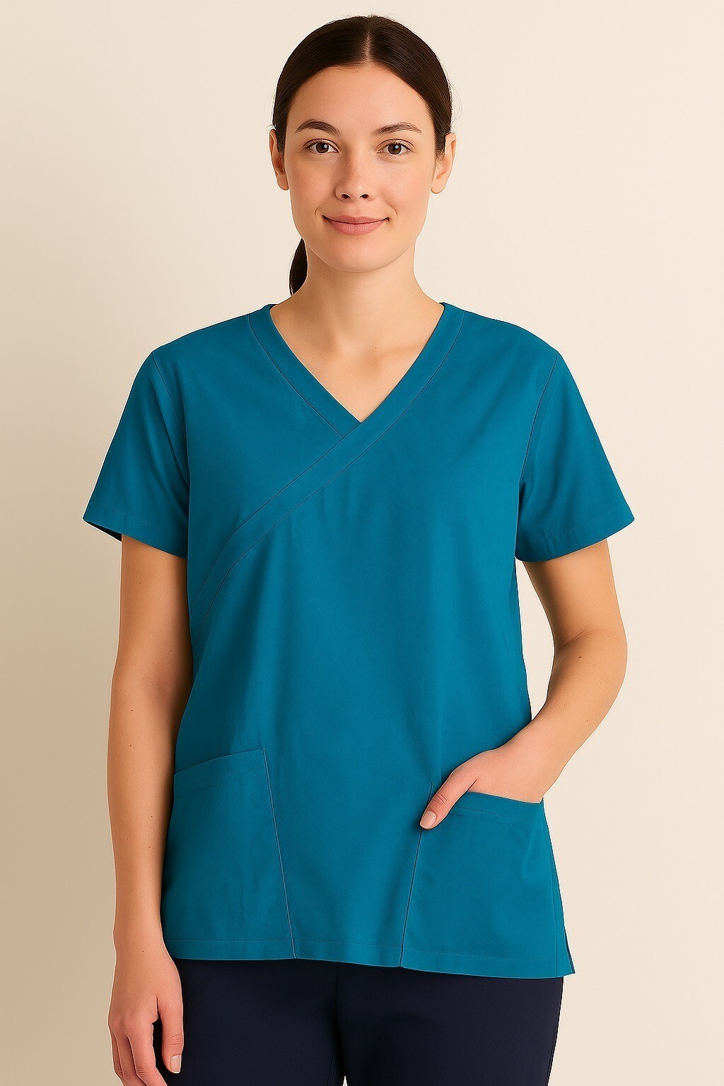 Dansko Women’s Size L Teal Scrub Top with Floral Trim Pockets Item image 4
