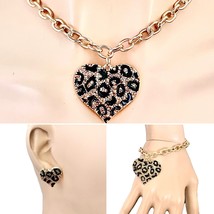 Golden Leopard Jaguar Print Heart Pendant Necklace Bracelet Earrings Jewelry Set - $15.20