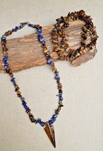 Genuine Tiger Eye &amp; Lapis Lazuli Nugget Arrow Necklace &amp; Bracelets lot - £21.63 GBP