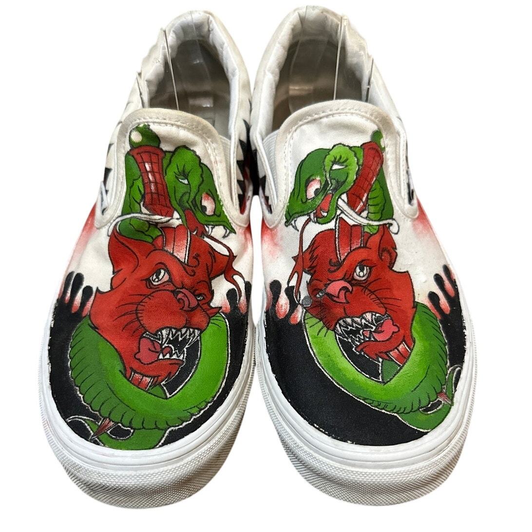 Vans Python Snake Devil Cat? Painted Slip On Sneakers Shoes Size M9.5 W11 - £74.03 GBP