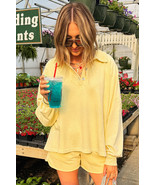 Yellow Cream Button Collar Drop Shoulder Pullover and Shorts 2pcs Outfit - $702.07 MXN