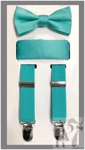 Turquoise Blue NEW Boy&#39;s Clip Suspender Bow tie &amp; Pocket Square 3 pieces... - $18.29
