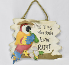 Vintage Colorful Tiki Bar Wood Sign Metal Parrot Palm Trees Painted 10&quot; x 10&quot; - £43.48 GBP