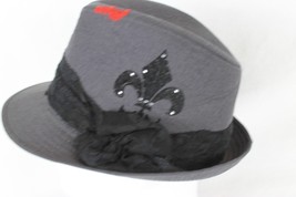 Nicole Marciano Fedora Hat  Dark Gray w/ Black Lace Band Fleur de Lis Print - £14.62 GBP