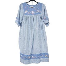 Go Softly Patio Dress Petite M Womens Striped Blue Pockets Embroidery Cotton - £18.81 GBP