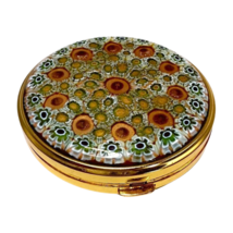 Venetian Glass Gold Tone Metal Powder Compact Aqua Floral Unused Vintage 1950s - £54.95 GBP