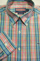 GORGEOUS Vineyard Vines Pink, Light Blue and Green Plaid Whale Shirt M 16x34 - £26.97 GBP