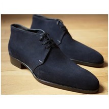 Handcrafted Blue Color Chukka Suede Leather Lace up Men&#39;s Party Wear Boots - £119.89 GBP