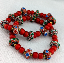 8mm Antique Venetian cranberry red White Heart chevron Beads Bracelet - $525.40 MXN