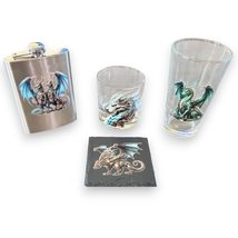 Steampunk Dragon Set - 8oz Flask, 16oz Beer glass, Slate Coaster, Rocks ... - $39.19
