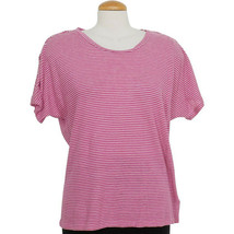 RALPH LAUREN Pink Striped Linen Cotton Knit Lace Up Sleeve T-shirt Top M - £31.41 GBP