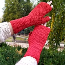 Red Fingerless Gloves Womens Merino Wool Mittens Hand Knit Arm Warmers - $25.46
