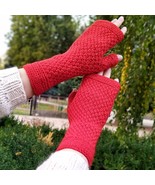 Red Fingerless Gloves Womens Merino Wool Mittens Hand Knit Arm Warmers - $25.46