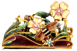 Vintage Brass Enamel Floral with Bees Business Card Holder Crystals 3.75&quot; long - £22.94 GBP