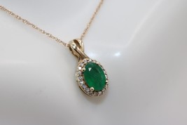 10K Yellow Gold Oval Natural Emerald Diamond Accent Pendant on Silk Rope Chain - £186.56 GBP