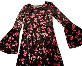 Ella Moss Girls Size 12 Black Pink Floral Print Bell Sleeve Velvet Dress Worn 1x - £17.32 GBP
