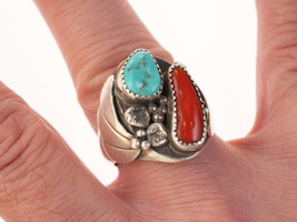 Sz11.5 Vintage Native American Sterling/turquoise and coral men&#39;s ring - $171.52