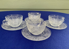Federal Glass Heritage 4 sets cups and saucers, 8 oz depression clear, excellent - £18.08 GBP