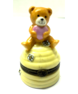 Porcelain Bear Holding Heart on Bee Hive 2 1/4&quot; Metal Hinged Trinket Box - $276.80 MXN