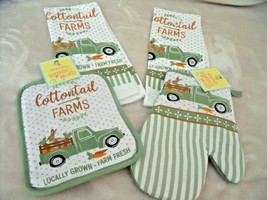 New Set 4 Cottontail Farms Bunny Kitchen Towels Potholder Oven Mitt Truck Green - £15.60 GBP