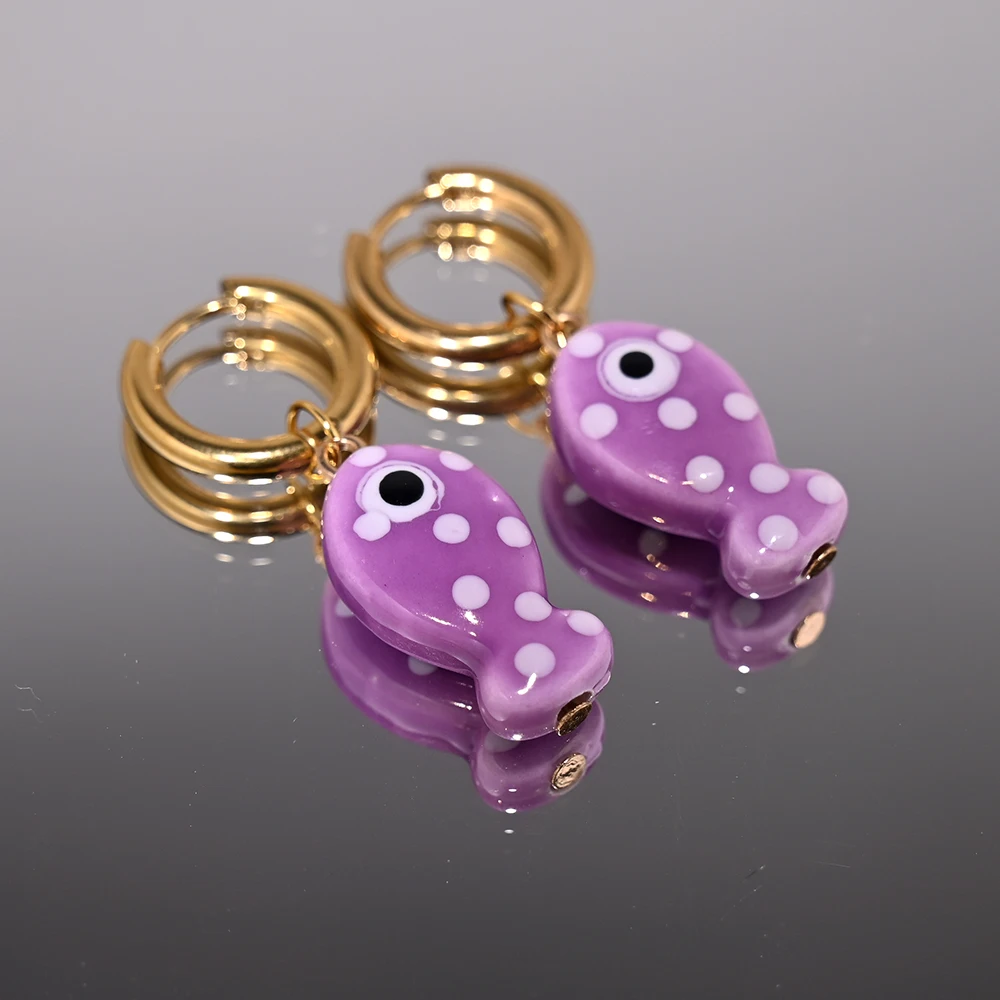 Ceramic Fish Pendant Golden Stainless Steel Hoop Earrings for Women 25xh... - $5.16