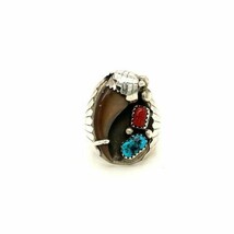 Vintage Sign Sterling ES Navajo Bear Turquoise Coral Stone Dome Ring 10 1/2 - $3,298.59 MXN