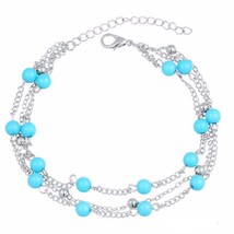 Womens Turquoise 3 Layer Beaded Ankle Bracelet Anklet Anklets Beach Jewellery UK - £3.94 GBP