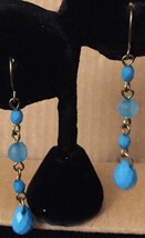 Vintage 1970s Multi Faceted Blue Beads Silver Chain Long Dangle Wire Hook Pierce - £25.86 GBP