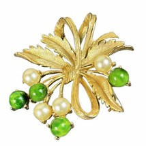 Vintage Gold Tone Spring Bouquet Jade Pearl Brooch Sarah Coventry Signed... - £12.28 GBP