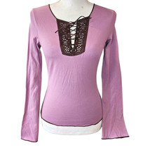 VTG Y2K Longsleeve Laceup Shirt Light Purple Brown Trim Beaded Fairycore Pastel - $35.72