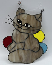 Suncatcher/Stained Glass Handmade Gray Kitten Red Yellow Blue Balls 8 x 6.5 ins - £15.44 GBP