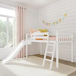 Twin Size Low Loft Bed With Slide And Ladder, Classic Solid Wood Kids Be... - $577.99