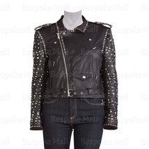 New Woman&#39;s Punk Black Half Silver Studded Brando Style Biker Leather Jacket-139 - £256.57 GBP