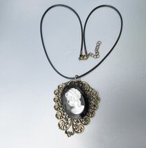Large Gold Tone Filigree 1980s Vintage CAMEO Pendant Cord Necklace - $14.84