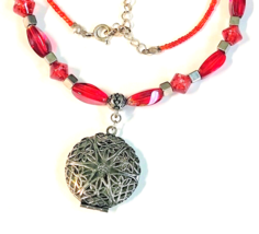 Vintage Red Glass Bead Locket Necklace 22&quot; Long - £11.95 GBP