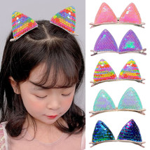 SH 2Pcs Gradient Sequin Cat Ears Hairpins Girls Hair Clip Barrettes Kids Ornamen - £2.61 GBP