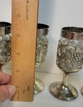 4 Small Liquour Pedestal Glasses Encased in Silver Plate Grape & Vine Design image 2