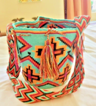 100% Authentic Wayuu Mochila Handmade Large Turquoise Colombian Bag - £67.16 GBP