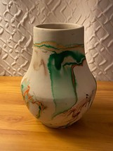 Vintage Nemadji Pottery Vase Swirl Color Green Orange - £23.74 GBP