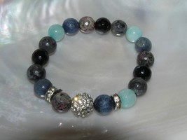 Estate Shades of Blue Black Stone Plastic Bead with Clear Rhinestone Accents - £8.28 GBP