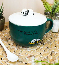 Happy Hour Sleeping Panda Bear Green Ceramic Coffee Mug With Spoon And Lid Set - £16.02 GBP