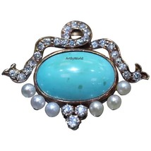 American Diamond(Zircon) Pearl And Turquoise Silver Brooch, Edwardian Brooch - £278.97 GBP