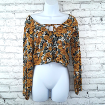 Wild Fable Blouse Womens Small Yellow Floral Cropped Long Sleeves Rayon Boho  - £14.11 GBP