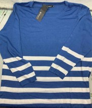 Womens Round Neck Stripes Boyfriend Loose Tunic Knit Top Blue White Stripes - $29.88