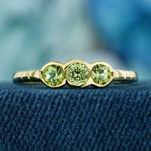 Natural Peridot Vintage Style Three Stone Ring in Solid 9K Yellow Gold - £429.58 GBP