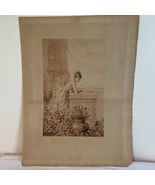 Early Engraving Woman Overlooking Garden 18th Century. Signed 10&quot; x 13&quot; - $39.95