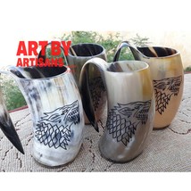 Vikings Valhalla Game Of Thrones Stark House Drinking Horn Mug | Wolf Carved - $100.00