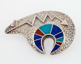 Vintage Navajo Spirit Bear Pin with Multi Color Inlaid Hand made Sterling Silver - £101.76 GBP