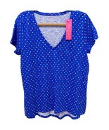 Lilly Pulitzer Etta V-Neck T-Shirt L Borealis Blue Lilly Squared Print NWT - $46.04 CAD